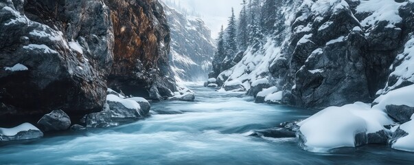 Naklejka premium Glacial river flowing between rugged mountain cliffs with pristine white snow