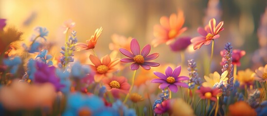 Colorful field of flowers with varied blooms in soft sunlight with blurred background, vibrant floral landscape, Copy Space