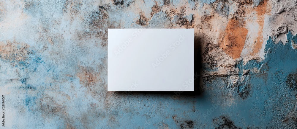 Poster blank white canvas on textured blue and orange rustic wall background with ample space for text or d