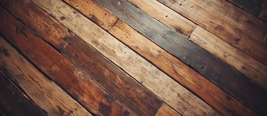 Wooden floor texture with various shades of brown and natural grain patterns arranged diagonally, ideal for backgrounds, Copy Space