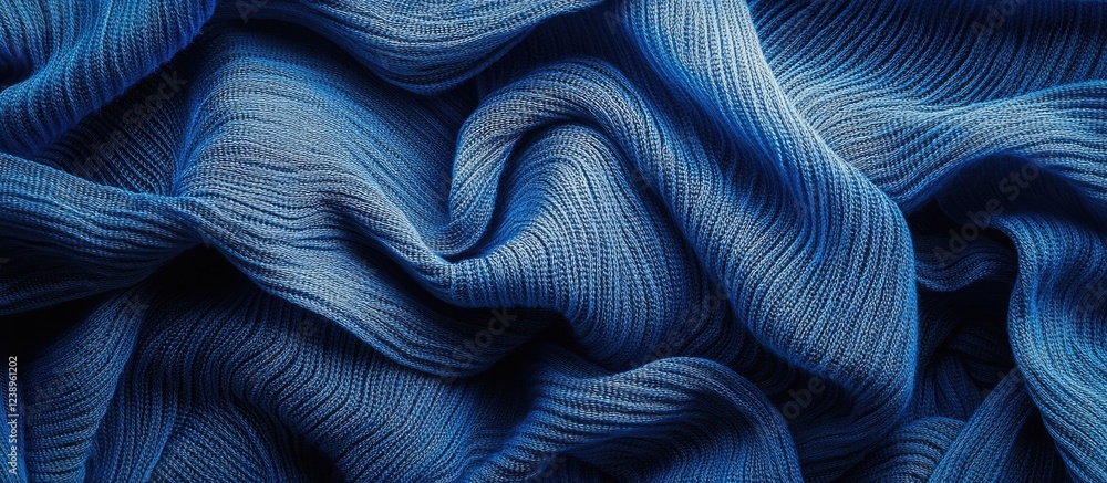 Poster close-up of textured blue fabric with ripples and folds in soft light ideal for background and texti