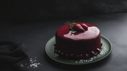 Delicious chocolate mirror glaze cake with fresh strawberries on dark background for dessert celebration
