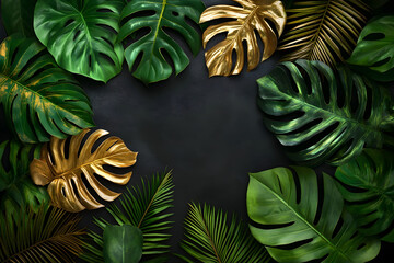 Lush Tropical Leaves with Metallic Gold Accents on Minimalist Black Background