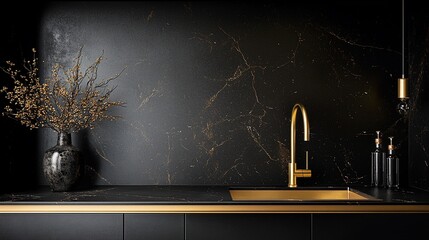 Luxurious black marble kitchen sink, gold tap, vase