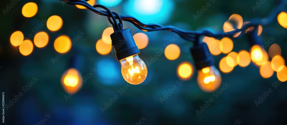 Poster string lights with warm glowing bulbs against a blurred background of bokeh lights at dusk copy spac