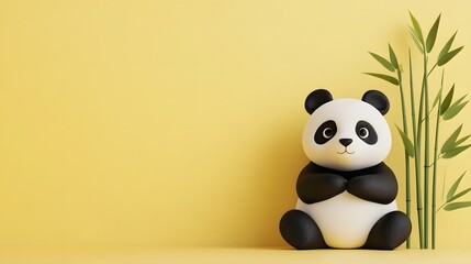 Fototapeta premium Adorable Clay Panda Sitting Amid Bamboo on Pastel Lime Background 3D