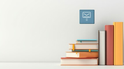 Colorful Stack of Books with Minimalist Mail Icon on Wall