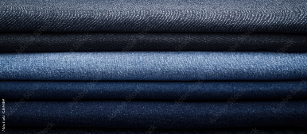 Poster various shades of denim fabric stacked horizontally with a smooth texture and visible weave patterns