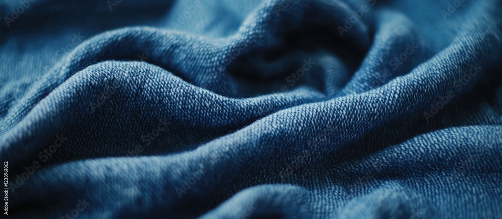 Poster close-up view of crumpled blue denim fabric showcasing texture and detail with copy space for text i