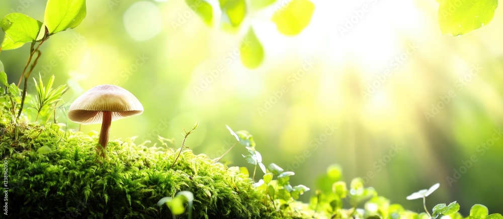 Poster mushroom on mossy ground with soft sunlight filtering through foliage creating a natural forest back