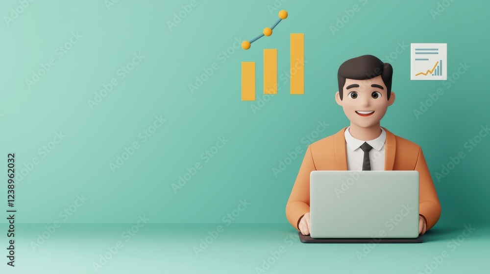 Poster professional character working on laptop with growth charts and graphs