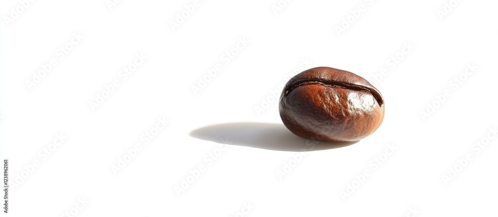 Poster single roasted coffee bean on white background with soft shadow and ample copy space.
