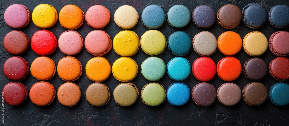 Poster colorful assorted macarons arranged in rows with a dark background and ample space for text decorati