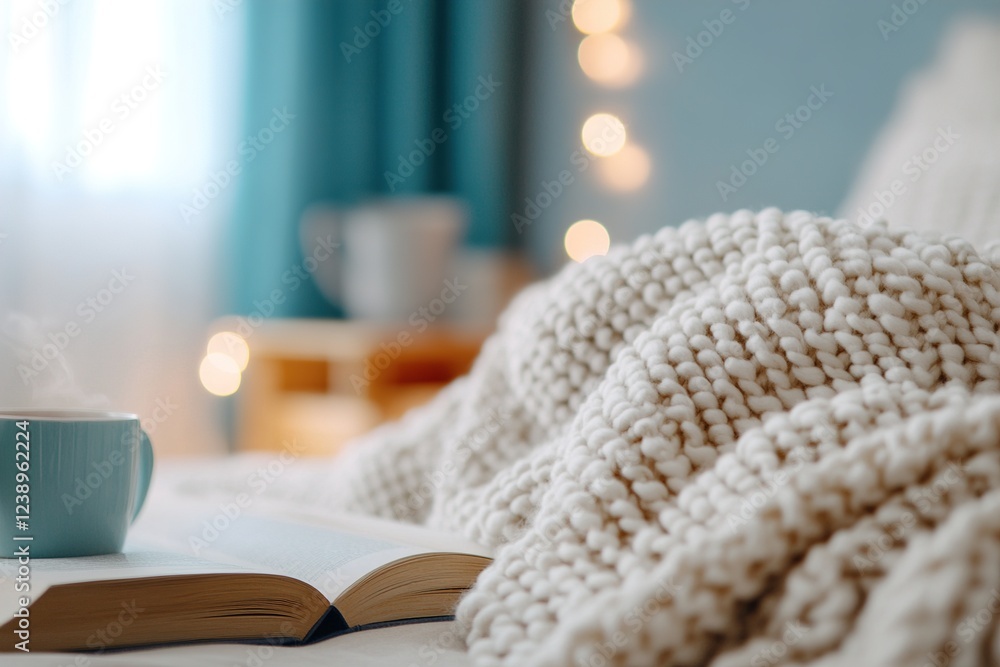 Poster soft light illuminates a cozy textured blanket over a bed, with a book and steaming tea on the bedsi