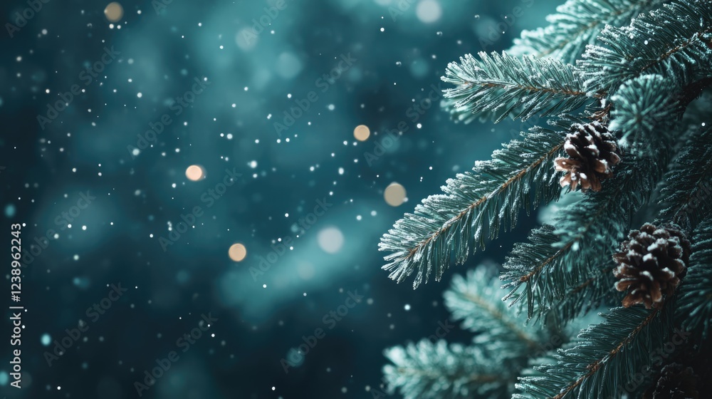 Poster snowy pine tree branches with pine cones in soft focus background and falling snowflakes during wint