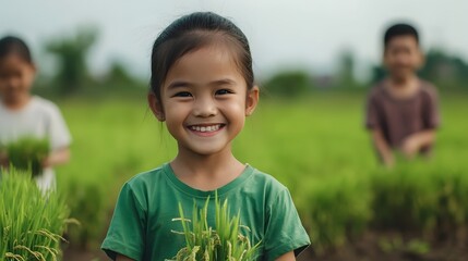 Joyful Thai Children Planting Rice Seedlings in Lush Communal Field
