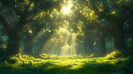 Fototapeta premium Sunbeams illuminate forest path, nature, fantasy, background, game design