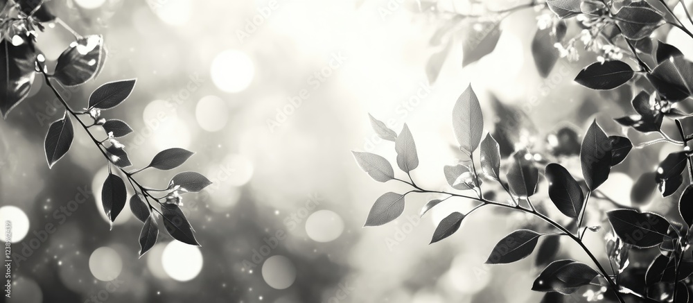 Poster black and white botanical background with soft bokeh effect and leafy branches creating a peaceful a