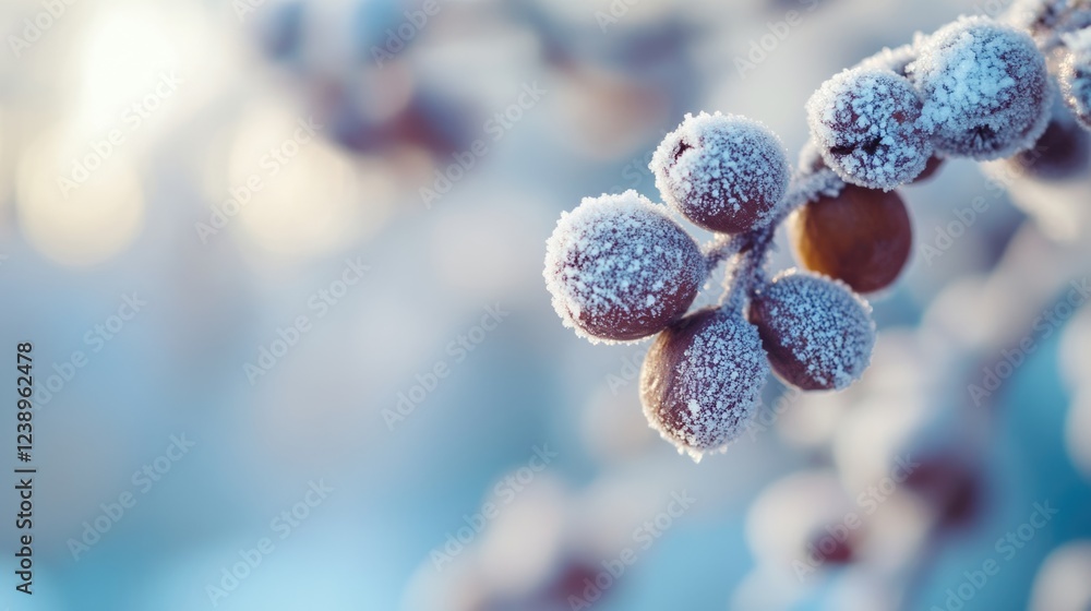 Poster frosted berries close-up on a branch with blurred winter background and soft focus copy space for te