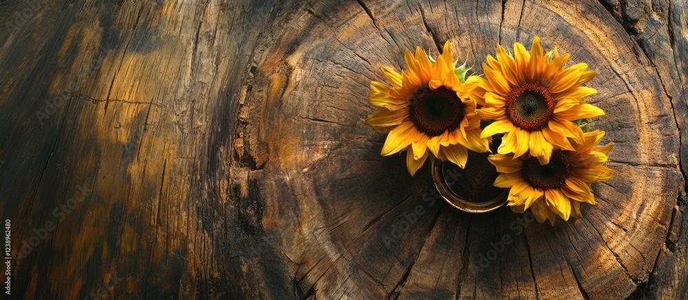Poster sunflowers in a small vase on a wooden tree trunk surface with copy space for text placement