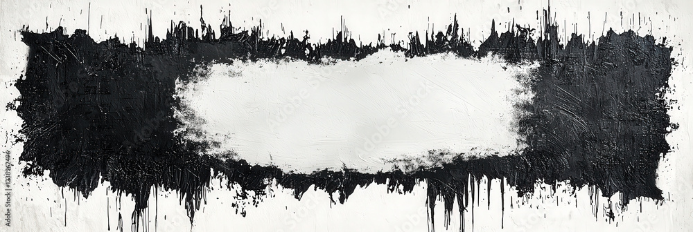 Poster this striking abstract piece features a bold black and white design with textured edges, exhibited i