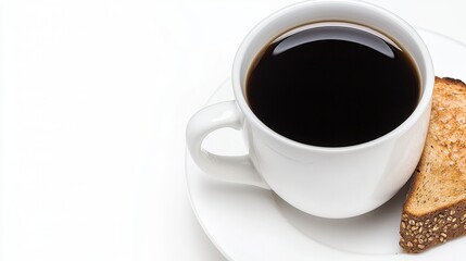 Obraz premium Freshly Brewed Coffee in a White Cup with Toast Slice on a White Plate