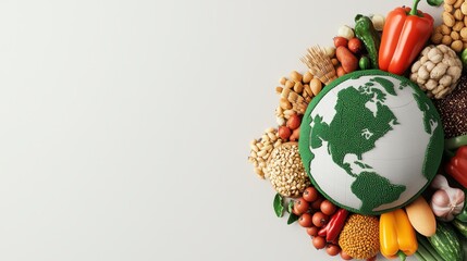 Earth globe surrounded by fresh vegetables and healthy food items