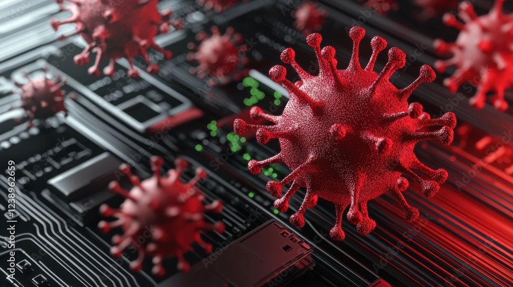 Poster digital representation of virus on circuit board technology background