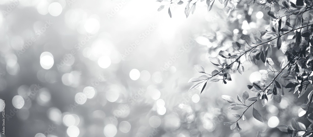 Poster black and white abstract background with soft bokeh effect and leaves, focusing on light and shadow 