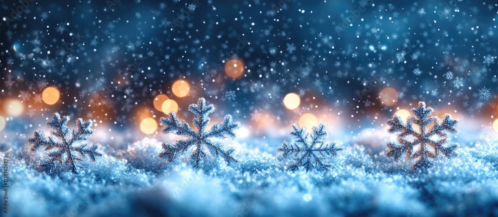 Poster snowflakes on snow surface with bokeh light effects and falling snow particles in a winter scene cop