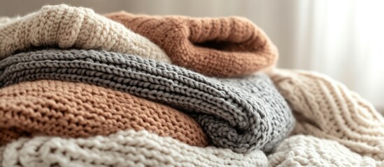Cozy collection of folded knitted sweaters in warm colors including beige, grey, and rust piled on a soft knitted blanket with natural light Copy Space