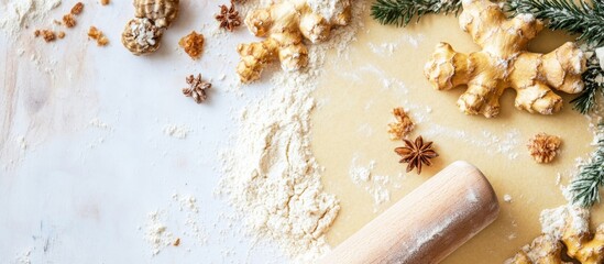 Baking ingredients with rolling pin flour gingerbread cookies shaped snowflakes anise and pine branches on countertop Copy Space