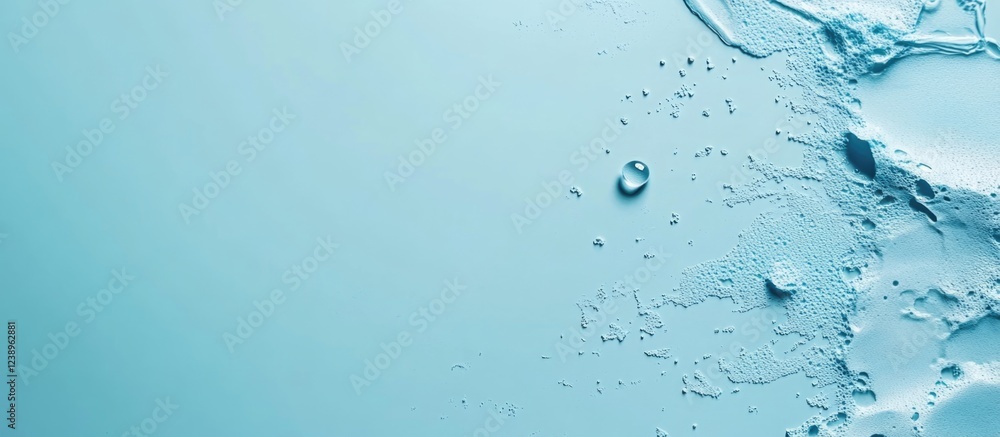 Poster abstract blue liquid texture with water droplets and splashes on a soft background with copy space
