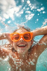 A joyful child happily swimming underwater, wearing playful orange sunglasses, and surrounded by sparkling bubbles, all under a vibrant summer sky filled with bright sunshine and excitement