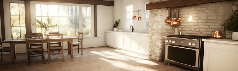 Fototapeta premium Cozy farmhouse kitchen featuring a rustic stone fireplace and warm decor elements. Ideal for home and lifestyle themes.