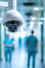 A security camera is installed in a softly lit hospital corridor, capturing blurred medical staff and equipment in the background, emphasizing the importance of patient safety and surveillance