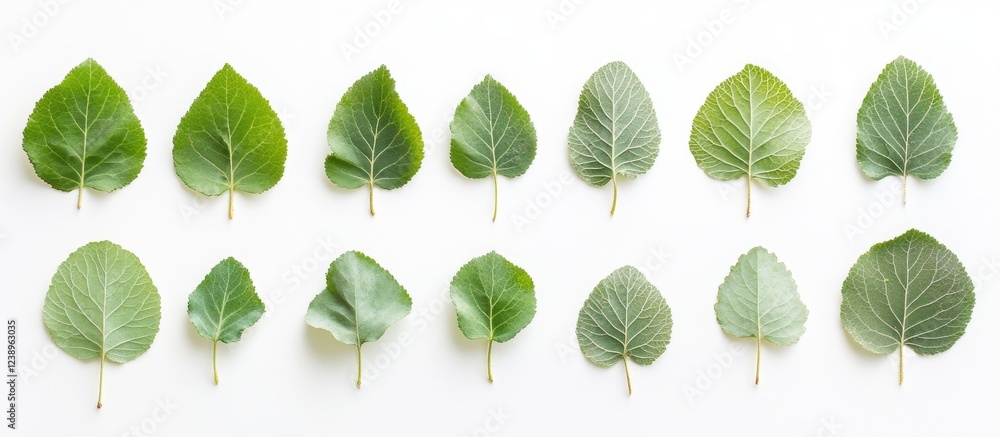 Poster collection of various green leaves arranged in a row on white background with natural texture and co