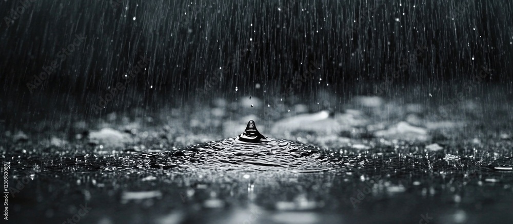 Poster close-up of raindrop impact creating ripples in puddle with streaks of falling rain in black and whi