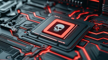 Red and Black Circuit Board with Skull Icon and Electronic Elements