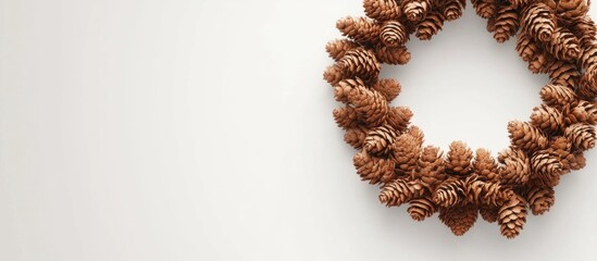 Obraz premium Pinecone wreath decoration on a neutral background with ample copy space for text placement.