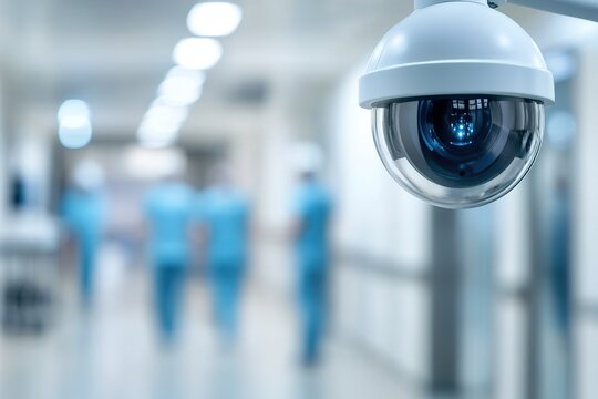 A discreet security camera in a dimly lit hospital corridor monitors blurred figures of staff and equipment, enhancing patient safety and controlling facility access