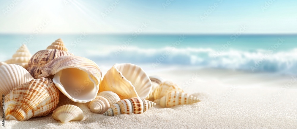 Poster Collection of various sea shells on sandy beach with ocean waves in background and soft sunlight shining through the sky Copy Space