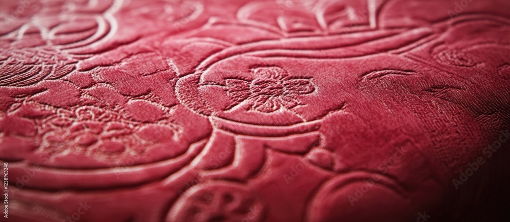 Poster textured red fabric with floral embroidery patterns creating a rich visual effect and depth with sof