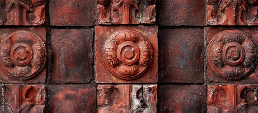 Poster decorative terracotta tiles with intricate circular patterns on a textured wall background showing a