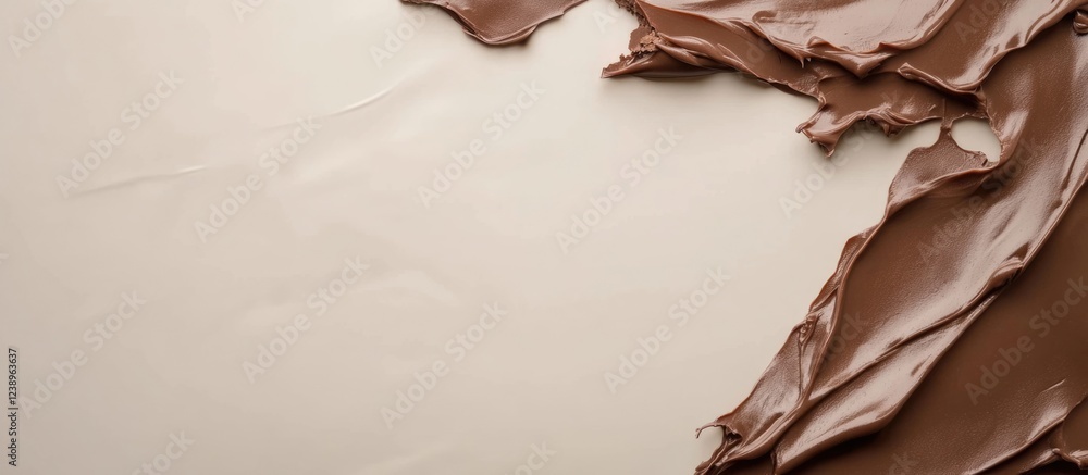 Poster chocolate spread or frosting smeared on beige background with texture detail and ample copy space fo