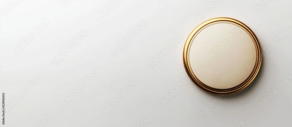 Poster minimalist round button with gold rim on a light background providing ample copy space.