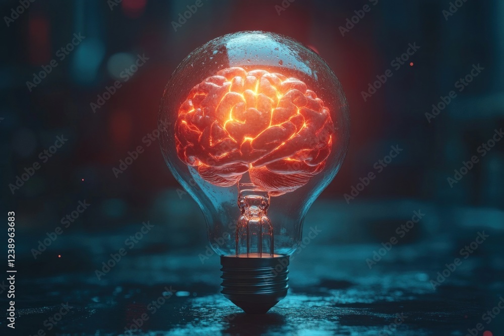Poster a glowing brain is encapsulated inside a light bulb against a dark backdrop, representing inspiratio