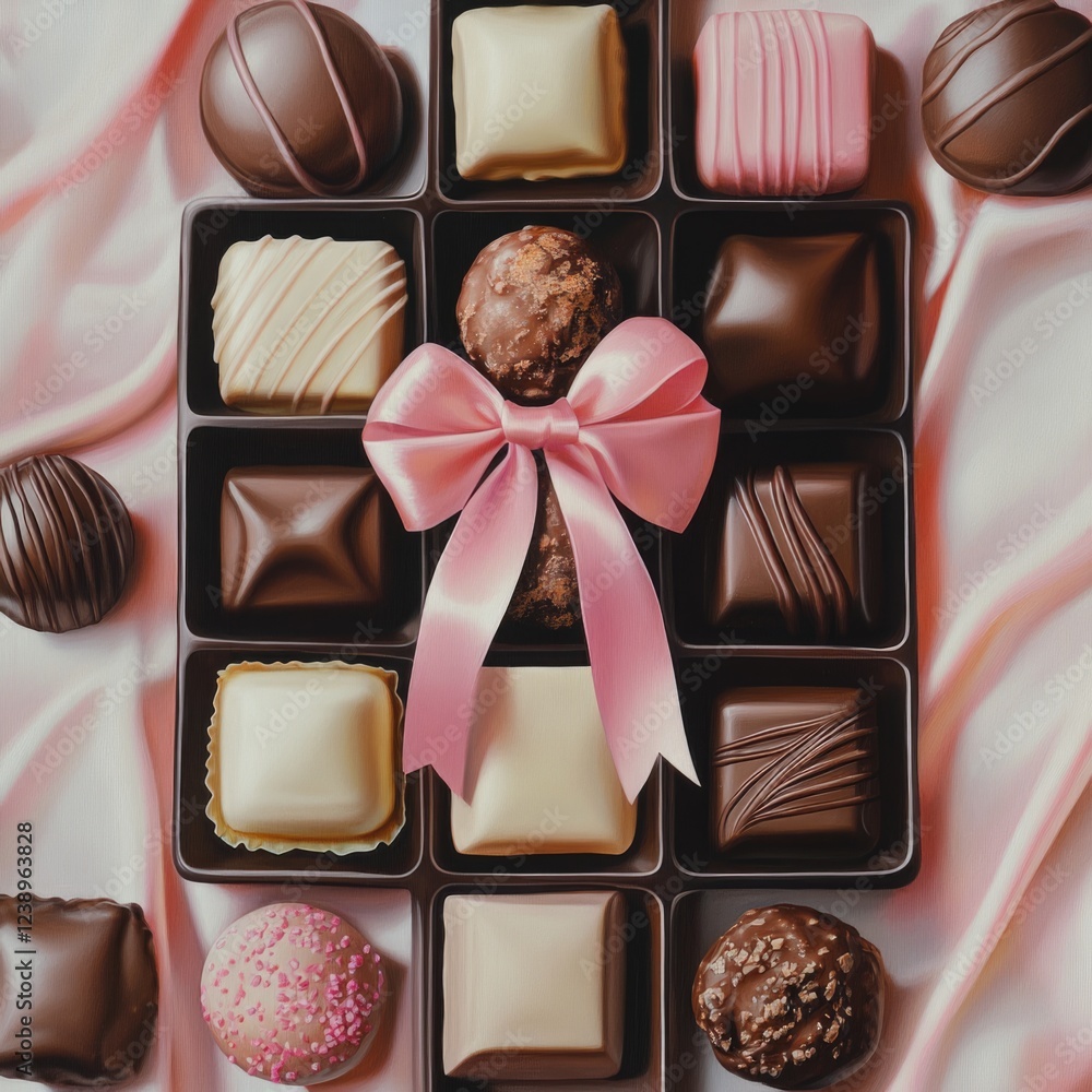 Poster assorted luxury chocolates arranged in a box with a pink ribbon on a soft fabric background copy spa