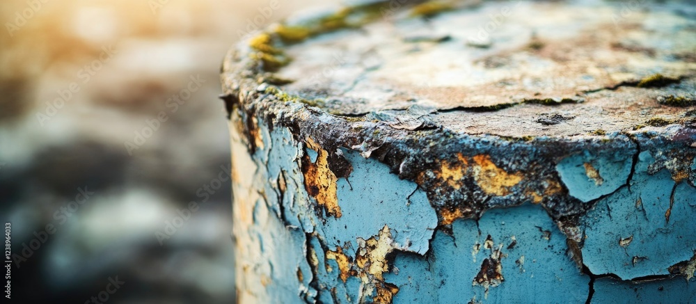 Poster close-up view of a weathered and peeling blue metal surface with rust and texture, industrial aged b
