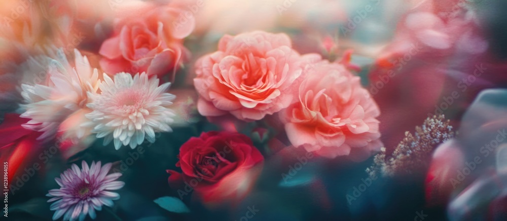 Poster close-up of colorful roses and daisies with a soft focus background and muted colors ideal for creat